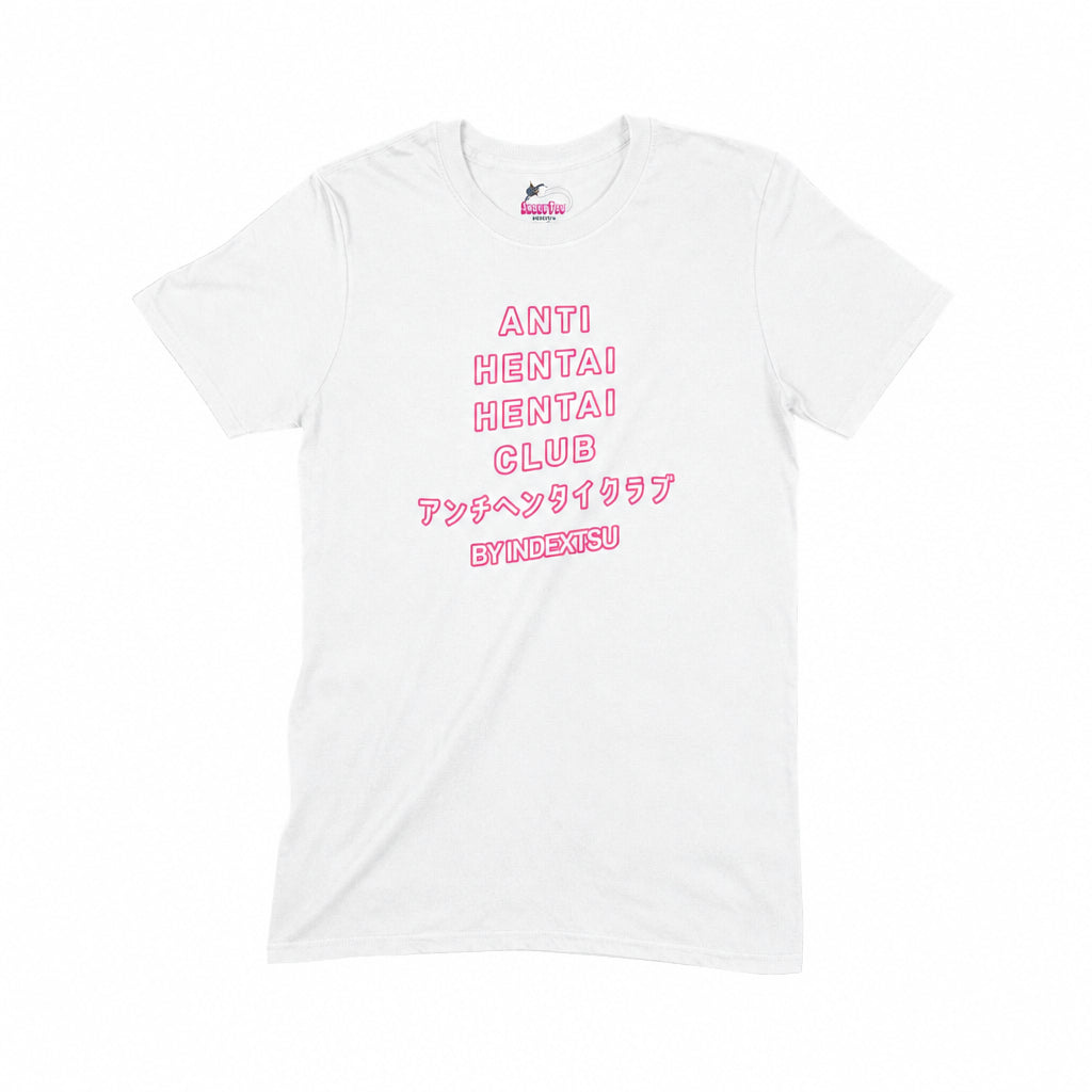 Playera blanca de KonoSuba! con diseño Anti Hentai Club de Darkness